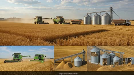 harvesting process in agricultural fields: showcasing modern combines and grain storage systems for efficient wheat collection and processing