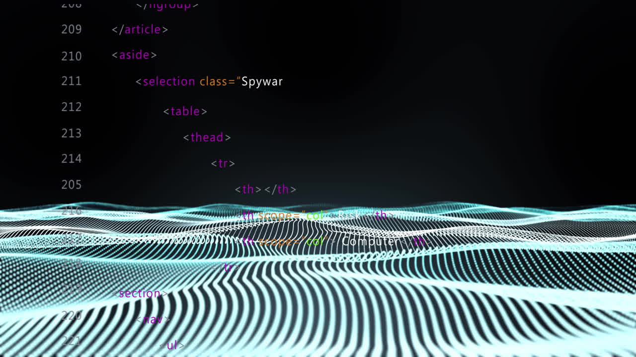 HTML code animation over undulating grid lines on dark background