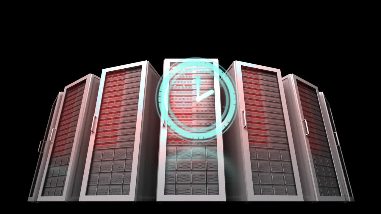 animación del reloj moviéndose rápidamente sobre los servidores de la computadora