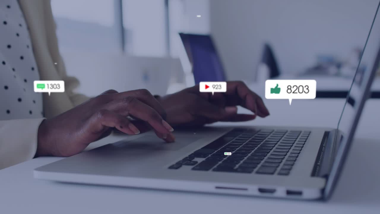 Office worker placing hands on keys and typing, generating business metrics bubbles peaking fading