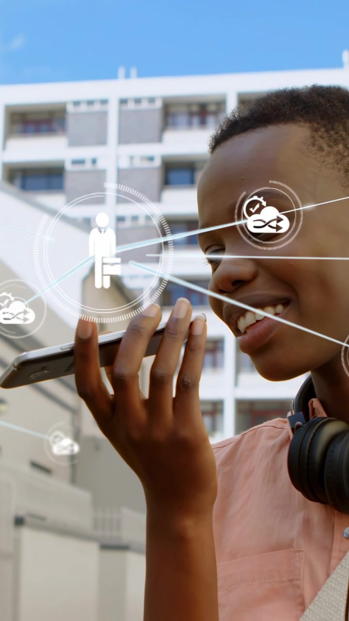 Vertical video: Woman talking into phone on street sparking tech cloud network to show connectivity