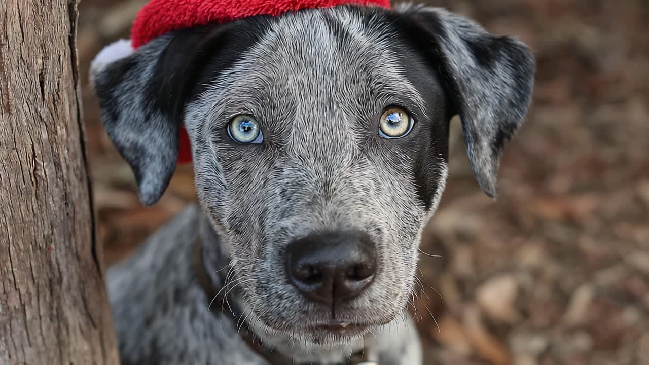 Charming Pup with Striking Blue Eyes and Santa Hat Captured in Heartwarming Holiday Moments