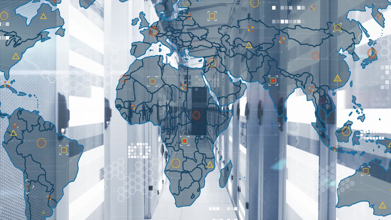 Animation of world map, data processing and light trails against computer server room