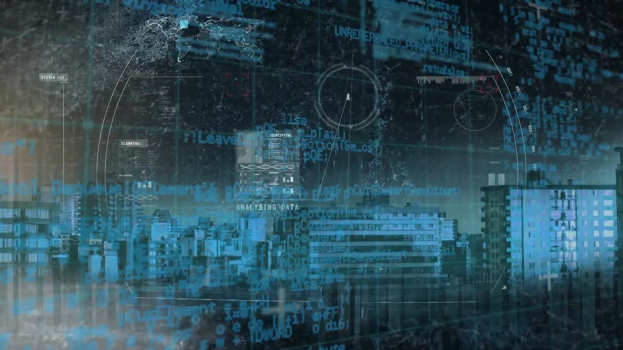 Animation of data processing and scope scanning over cityscape background