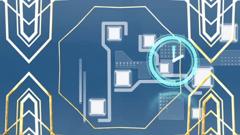 Animation of clock moving fast, network of connections with gold pattern on blue background