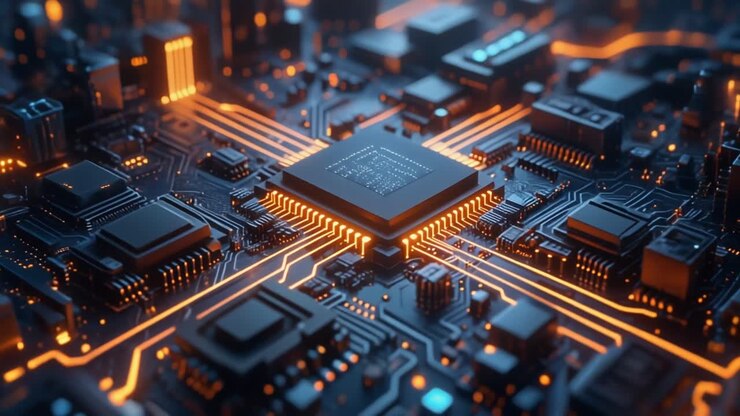 Futuristisk computer printplade med glødende dataflow