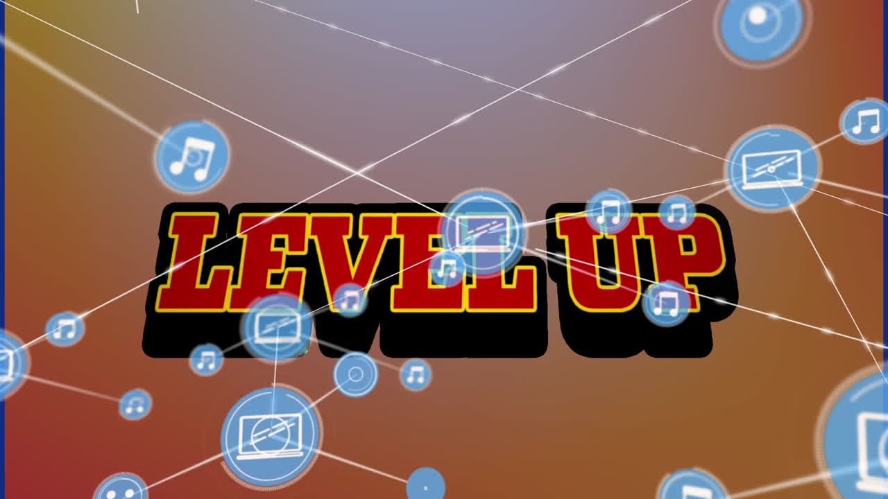 그래디언트 배경에 대한 레벨을 상승시키는 디지털 아이콘 네트워크의 애니메이션