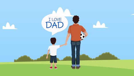 happy fathers day lettering card with dad and son playing soccer
