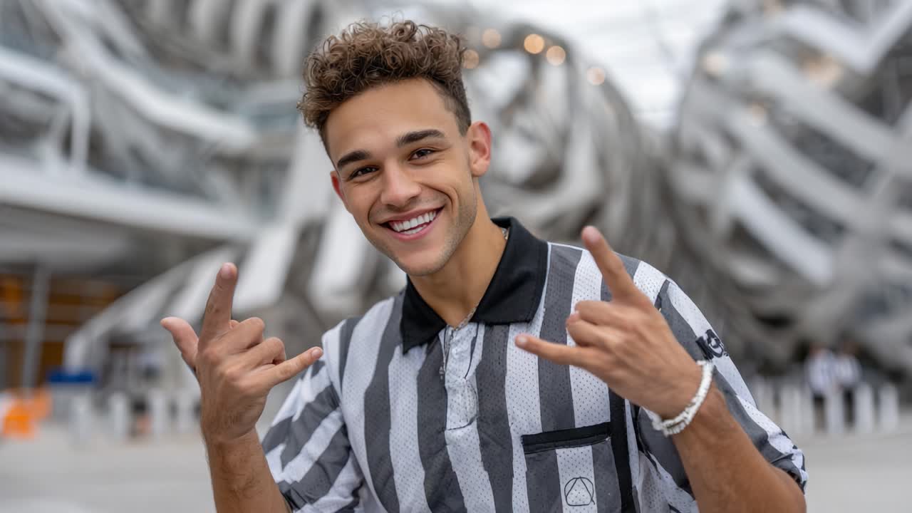Un giovane uomo che saluta con un sorriso smagliante e un'elegante camicia a righe in un'ambientazione architettonica moderna, catturato in due fotogrammi.
