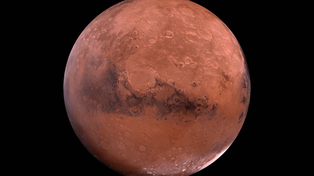 Animation in 4K of Mars isolated on black background.