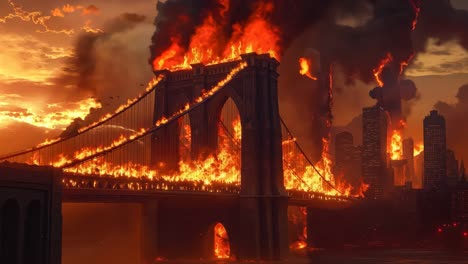 a large bridge on fire in the middle of a city