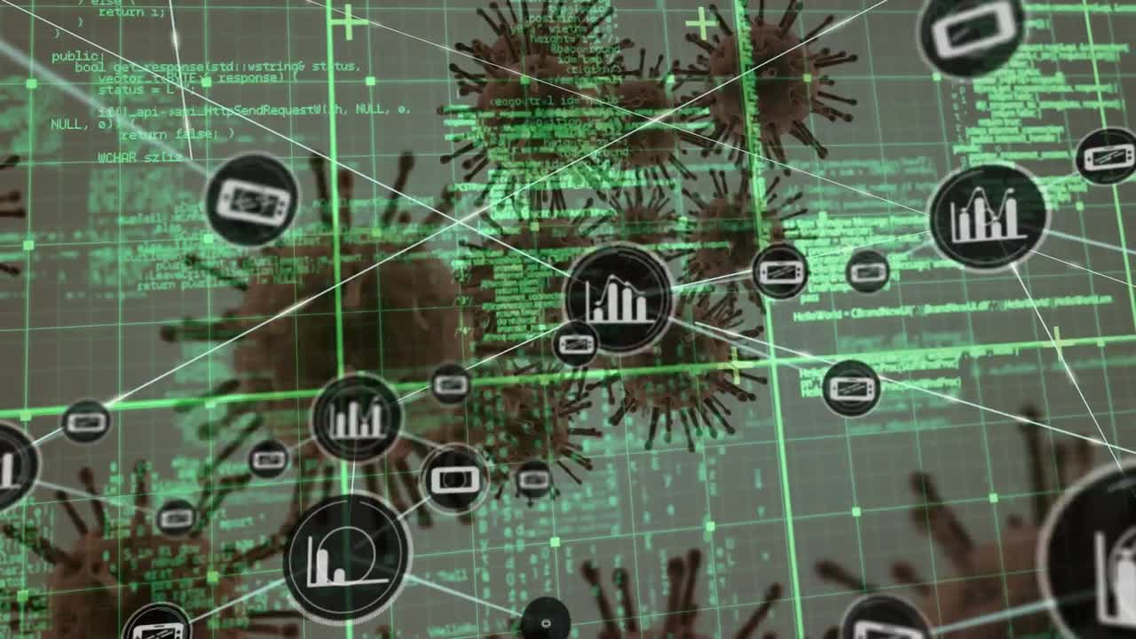 Animation of network of connections over virus cells and data processing
