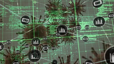 animation of network of connections over virus cells and data processing