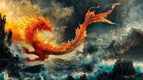 majestic fire dragon leaps through stormy ocean waves at dusk