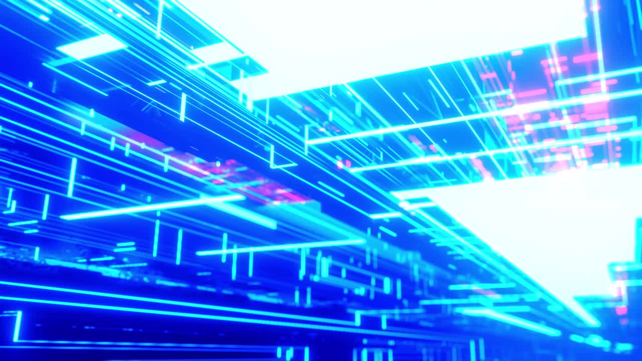 luz de neón, construcciones de ciencia ficción, objetos 3d misteriosos y hologramas. vuelo a través del túnel de tecnología de alta tecnología con sacudida de la cámara. vuelo a lo largo del ciberespacio tecnológico. 3d casi en bucle 4k bg