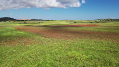 Tall-green-grassy-expanses-of-rolling-hills-along-river-under-blue-sky,-cloud-shadow-passes-over-landscape