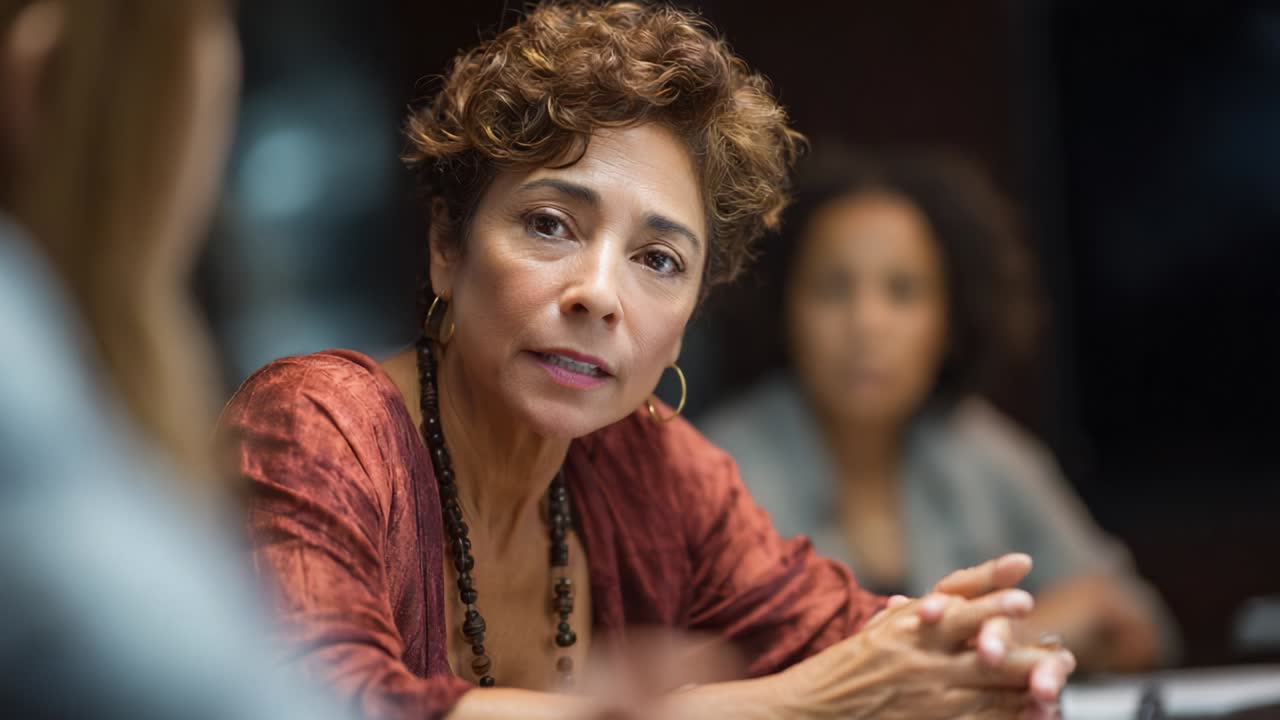 A focused woman engaged in a serious conversation at a meeting table, expressions of determination and concern evident as the dialogue unfolds, surrounded by attentive colleagues in a professional setting