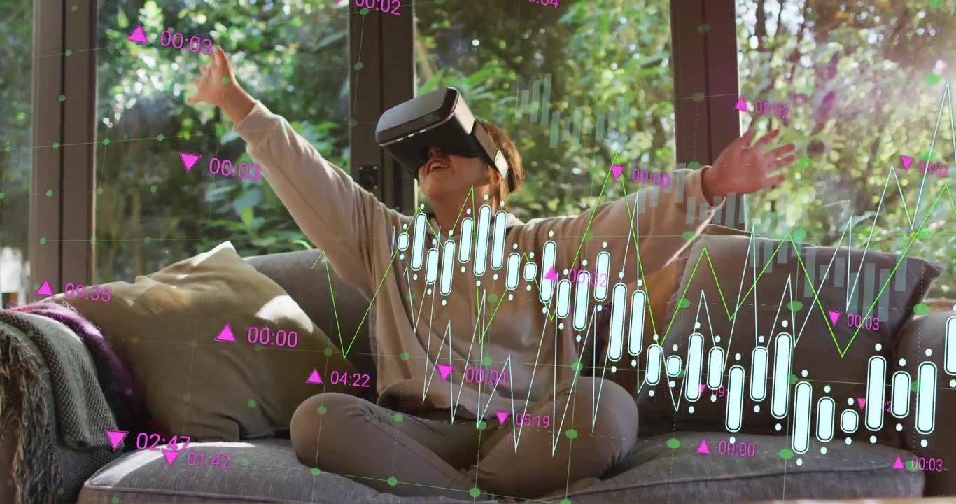 Preteen girl placing VR headset over eyes, summoning candlestick charts, manipulating finance data