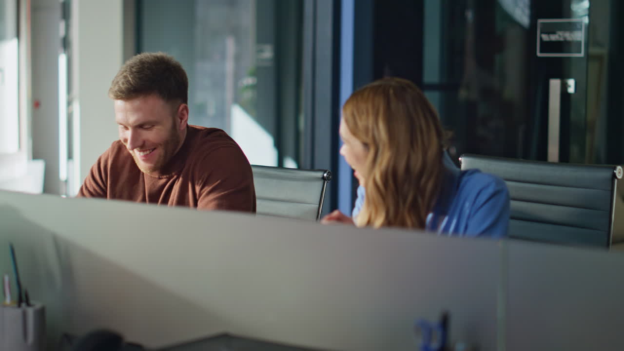 Smiling partners speaking office closeup. Positive businessman discussing idea