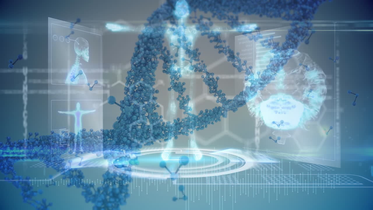 Animation of human body, dna strand spinning and medical data processing