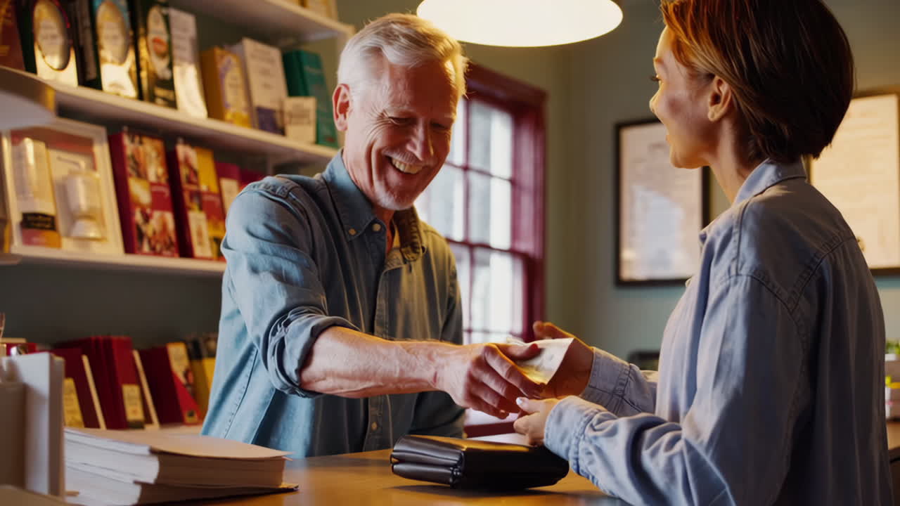Customer making a cash payment to an employee at a store