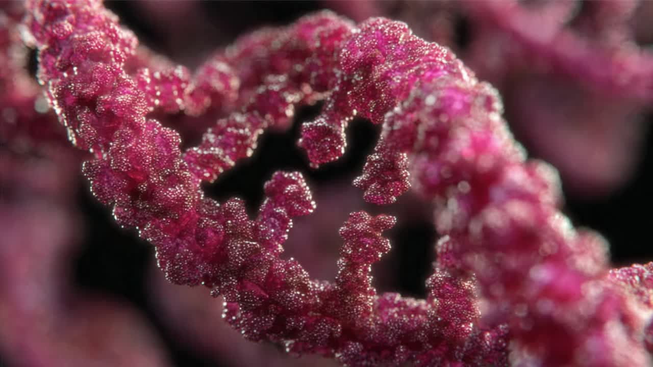 Detalles intrincados de una estructura rosa vibrante mostrados en dos fotogramas, capturando las texturas y formaciones notables en una impresionante vista en primer plano