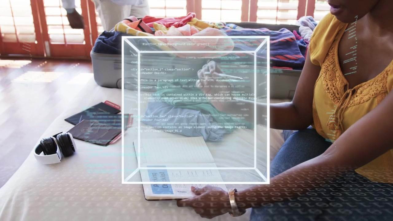 Adult woman tapping tablet showing AR cube, man packing suitcase, child handing toy for travel