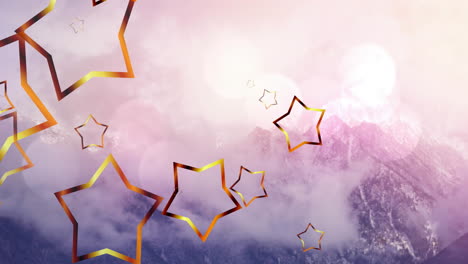 animation of christmas stars falling over mountain landscape in background