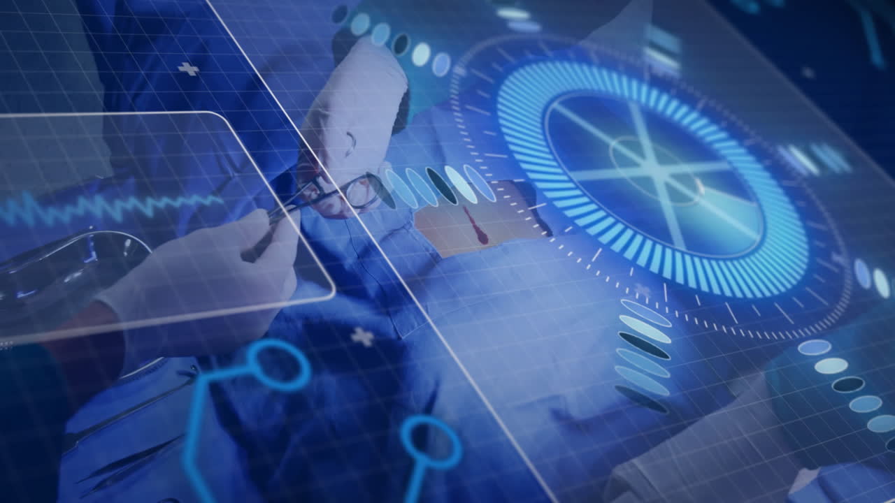 Performing surgery, surgeons using digital interface with animation and data overlay