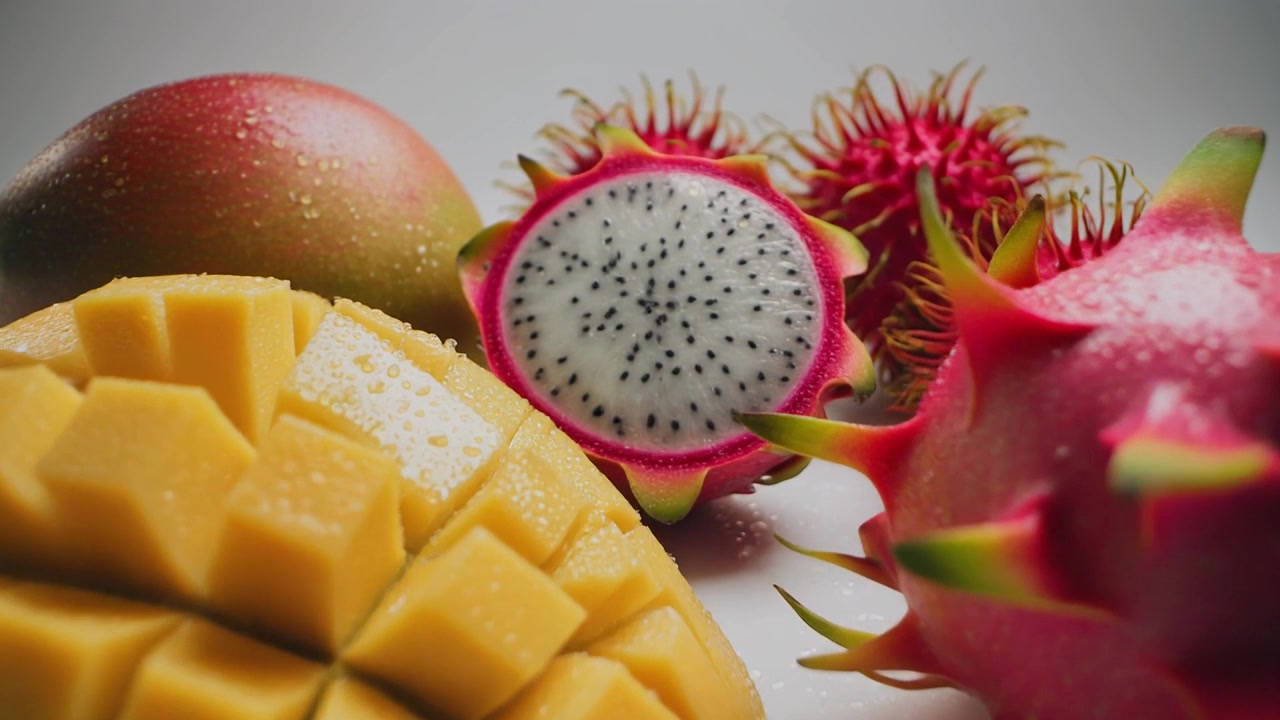 Frutta tropicale fresca inclusi mango, frutto del drago e rambutan