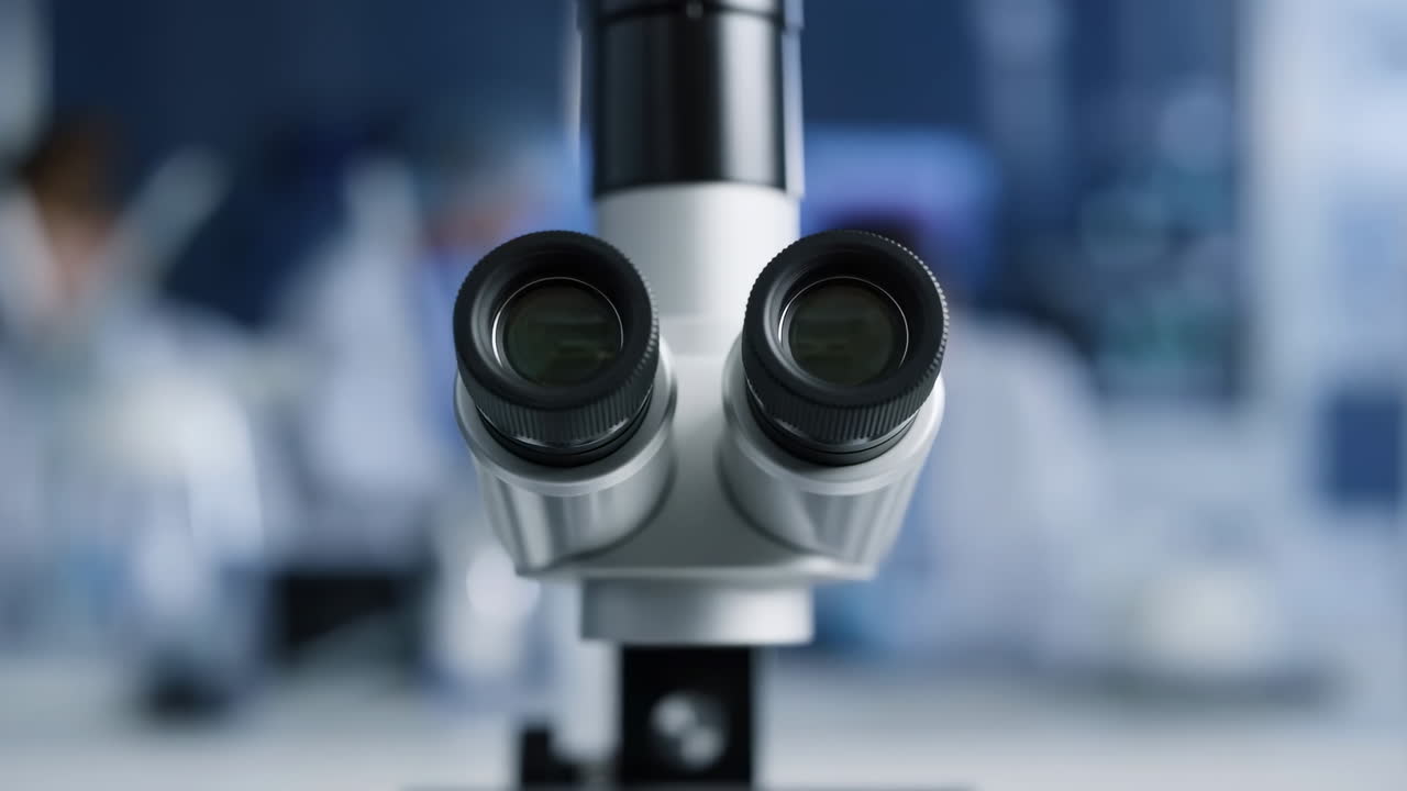 Closeup Microscope In Clinical Laboratory, Blurred Researchers In Background, Cool Blue Lighting And Sterile