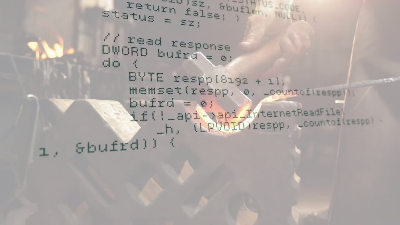 Code overlay appearing over bar, smith using tongs and hammering to form hook in 3D render