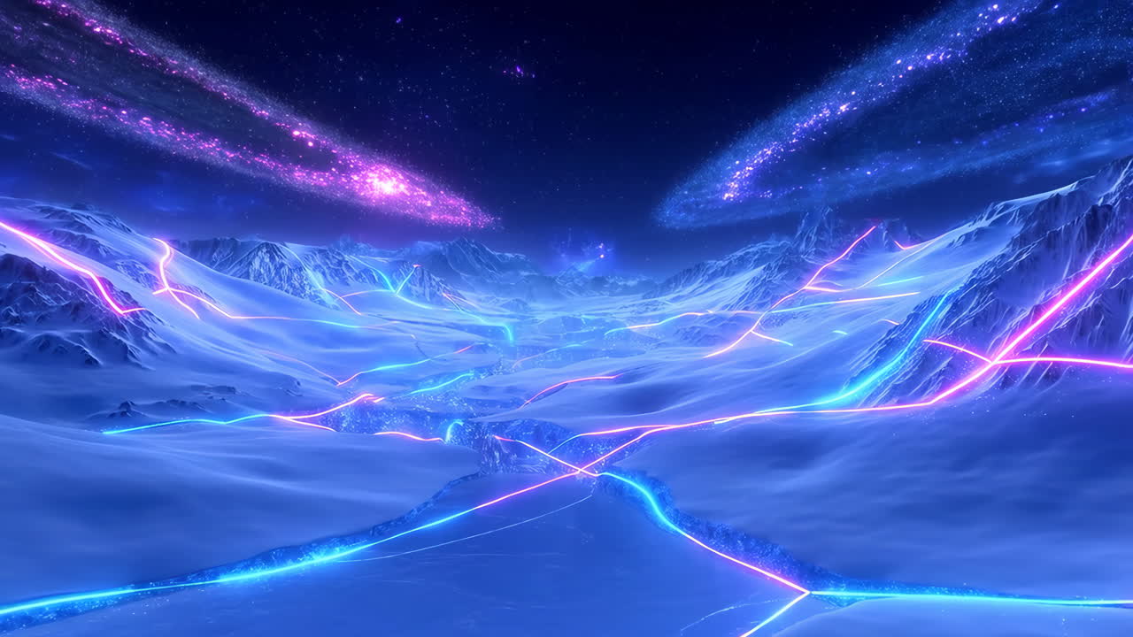 Futuristisk snølandskap med neonenergistier og kosmisk himmel