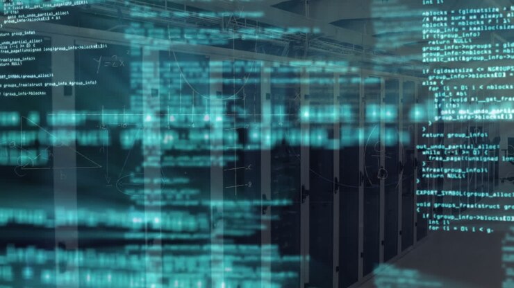 Animasjon av repeterende kodespråk over serverrom i bakgrunnen