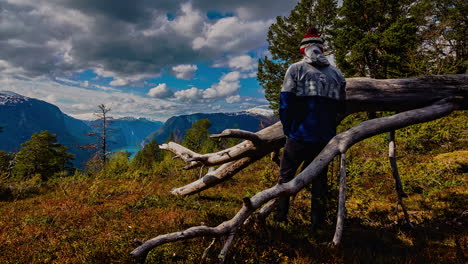 timelaspe: adventure traveler enjoying scenic mountain view standing near a fallen tree trunk in norway