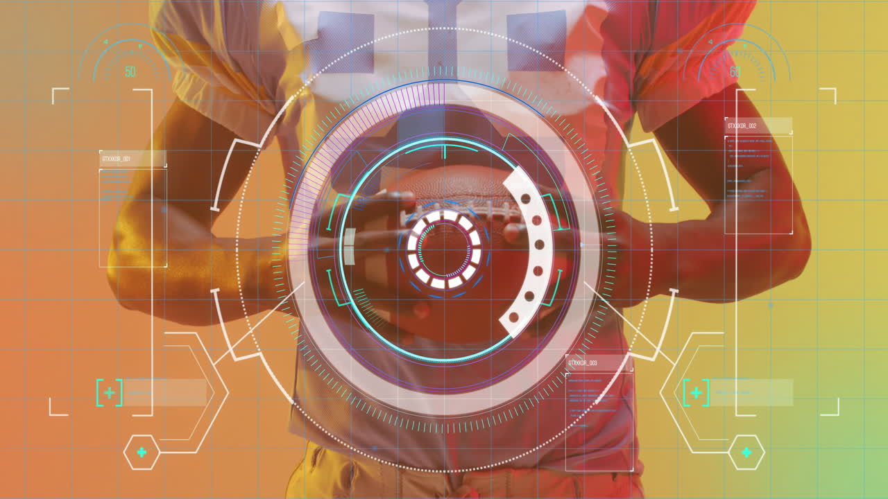 animación del procesamiento de datos sobre un jugador de fútbol americano afroamericano.