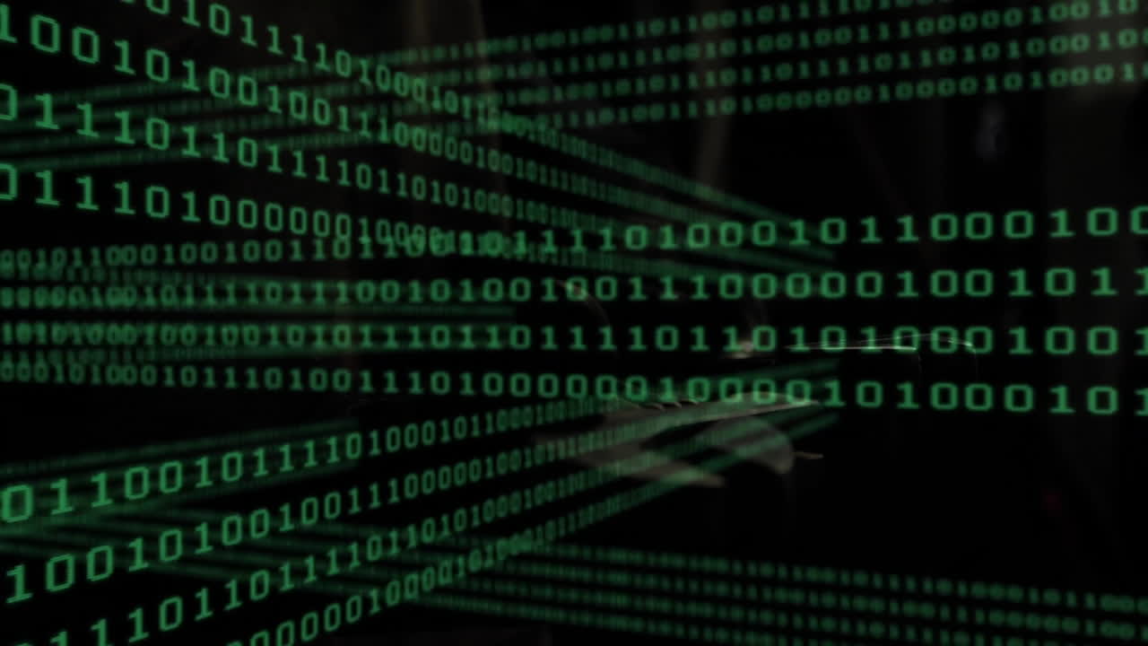 Rows of green binary digits streaming across black field, showing depth in 3D animated data flow