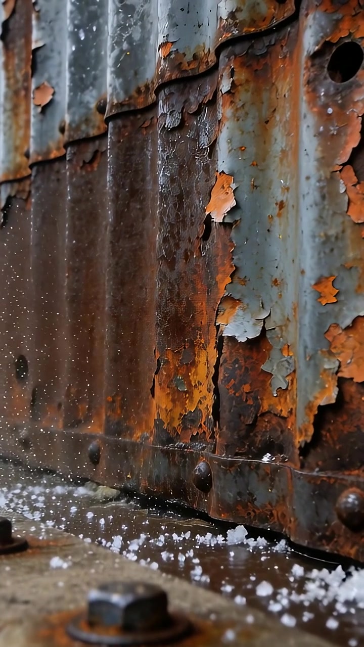 Vertical video: Receiving hail from sky, rusted corrugated metal panel accumulating pellets at base