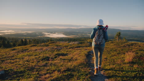 una mujer activa con una mochila y una bandera noruega está caminando por un sendero de montaña por delante es un im