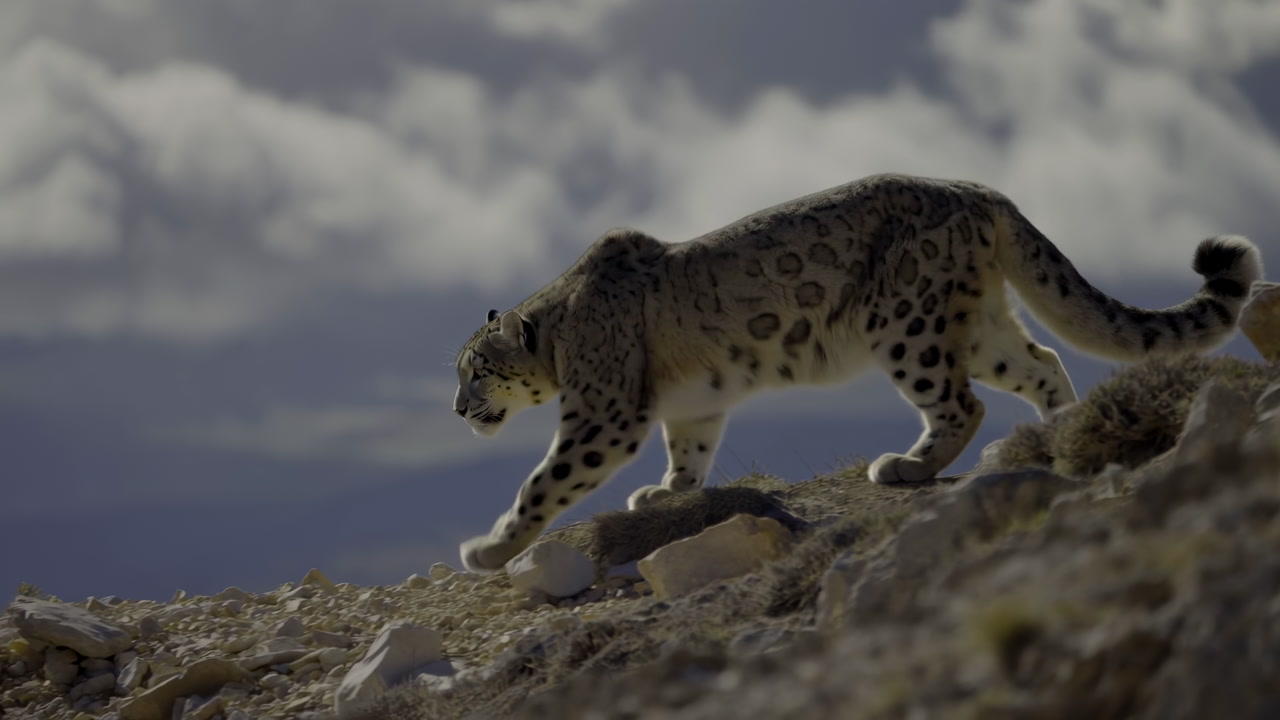 Snow Leopard Stalking Rocky Mountain Ridge, Cinematic Slow Motion K Nature Footage Showing Solitary Alpine