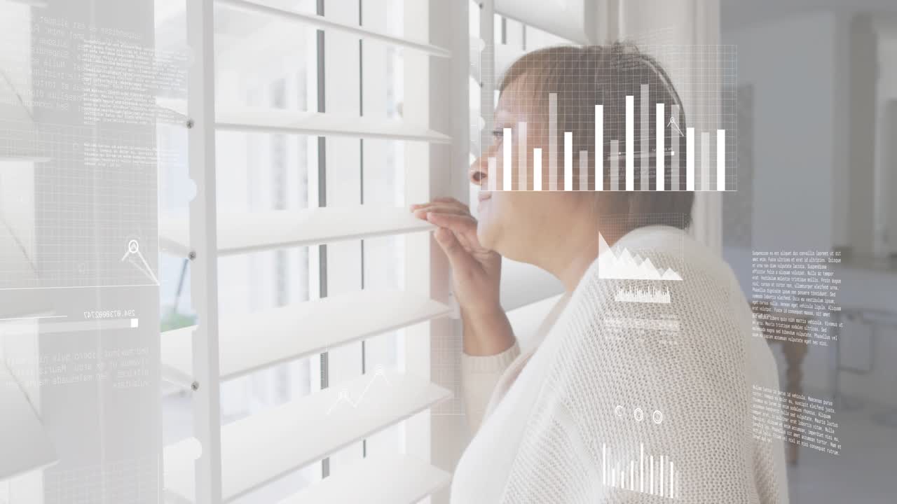 여성이 셔터 슬랫을 열고 몰래 밖을 내다보면서 측정 지표를 추적하는 애니메이션 데이터 오버레이를 생성하고 있어요