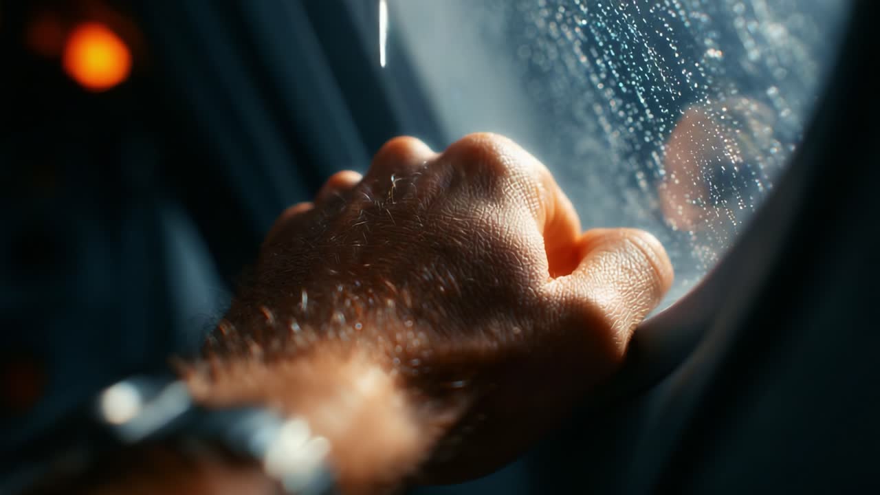 A Close-Up View of a Hand Resting Against a Rain-Drenched Window, Capturing the Details of the Water Droplets and the Warm Indoor Lighting in a Serene Atmosphere