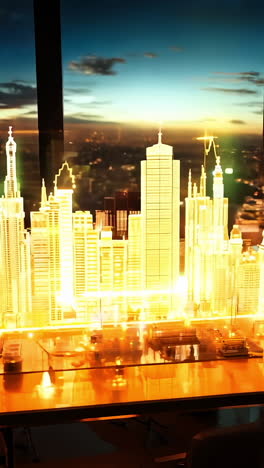 Futuristic City Planning Meeting at Sunset in Modern High-Rise. A group of professionals collaborates around a glowing city model, as sunset casts vibrant colors through floor-to-ceiling windows.