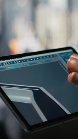 Close up of technician using tablet to create solar powered device design