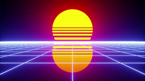 Retro-Szene-Im-Synthwave-Stil-Mit-Einer-Großen,-Leuchtend-Gelben-Sonne-Oder-Einem-Mond-Vor-Einem-Dunkelvioletten-Himmel