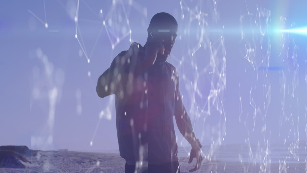 animación de la red de conexiones sobre un hombre afroamericano que hace ejercicio