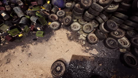 discarded tires and waste containers in a cluttered recycling facility