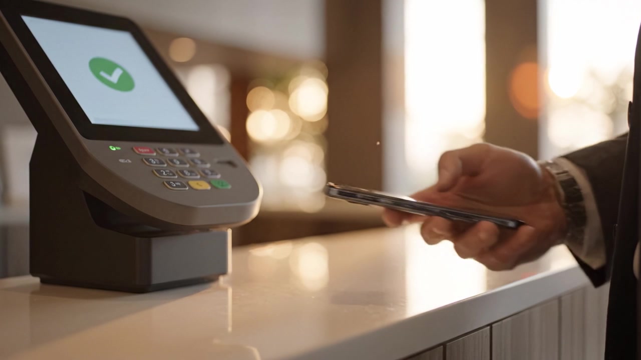 A Seamless Mobile Payment Experience at the Checkout Counter, Showcasing a Payment Terminal with Confirmation Screen and a Customer’s Device in Hand