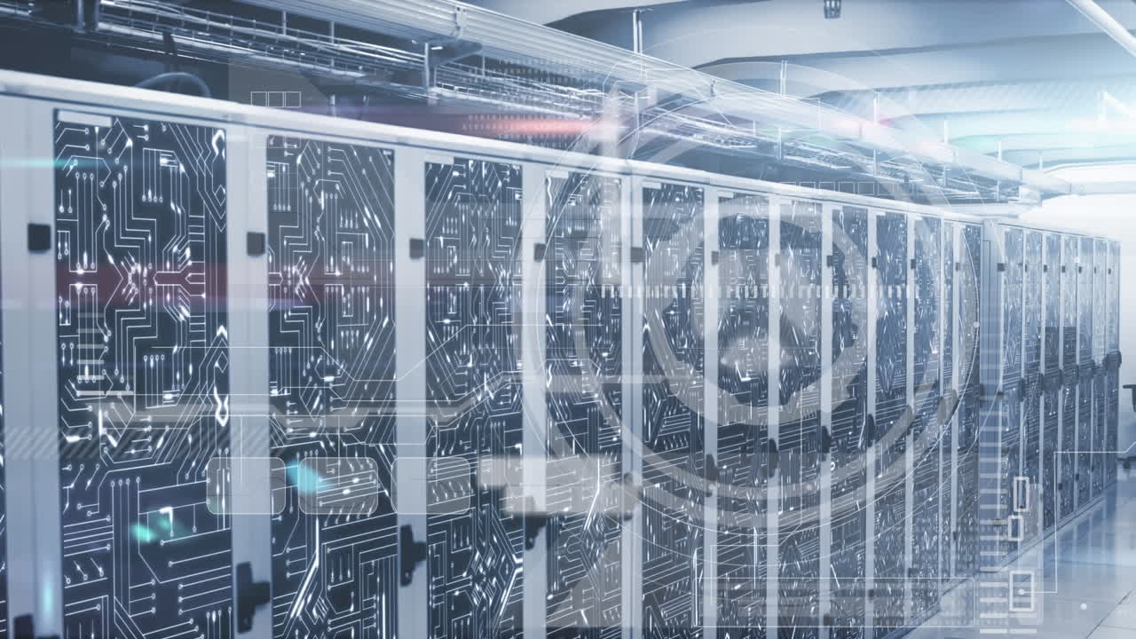 Animation of scope scanning and data processing over tech room with computer servers