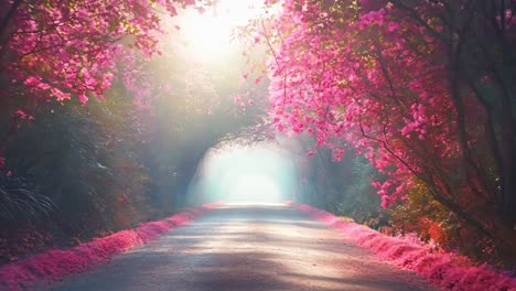 a road lined with pink flowers in the middle of a forest